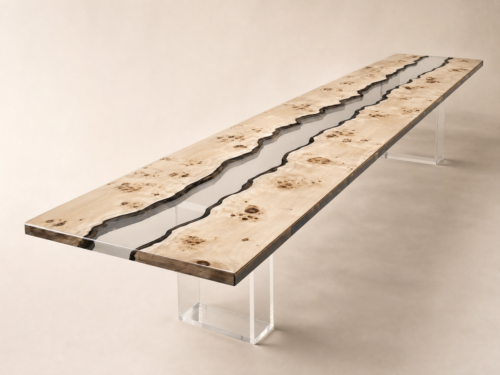 Maple Burl Clear Epoxy River Dining Table