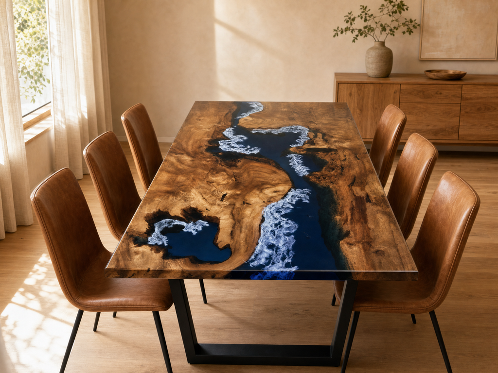 Ocean Wave Blue Epoxy River Dining Table