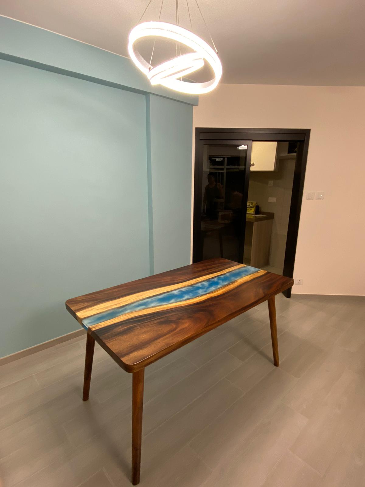 Walnut Wood Epoxy Resin Table with Ocean Waves Design