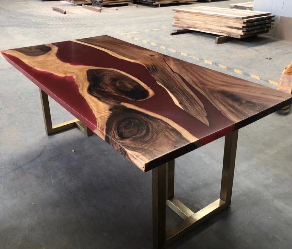 Walnut Wood Epoxy Resin Table with Red Epoxy