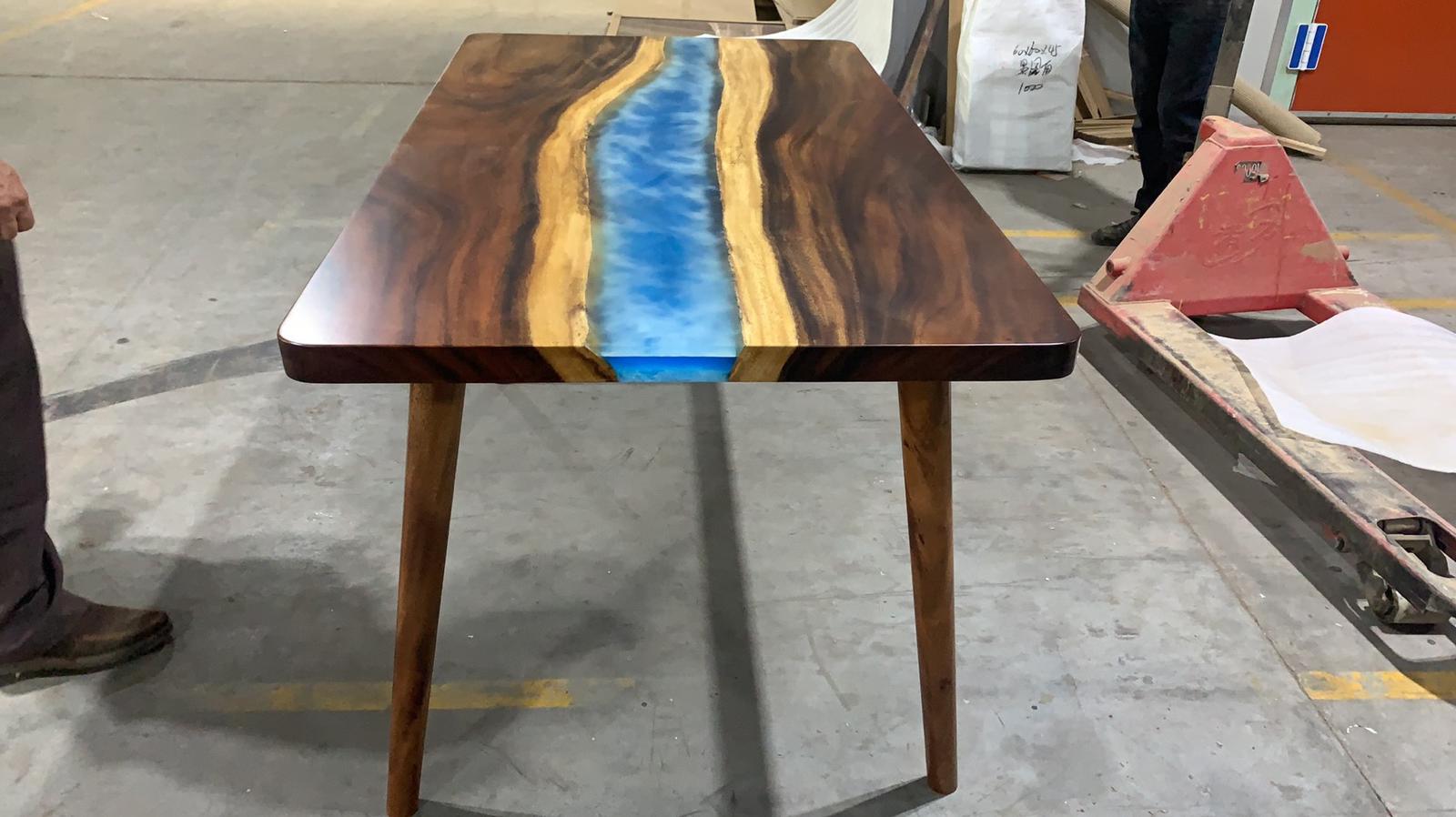 Walnut Wood Epoxy Resin Table with Ocean Waves Design