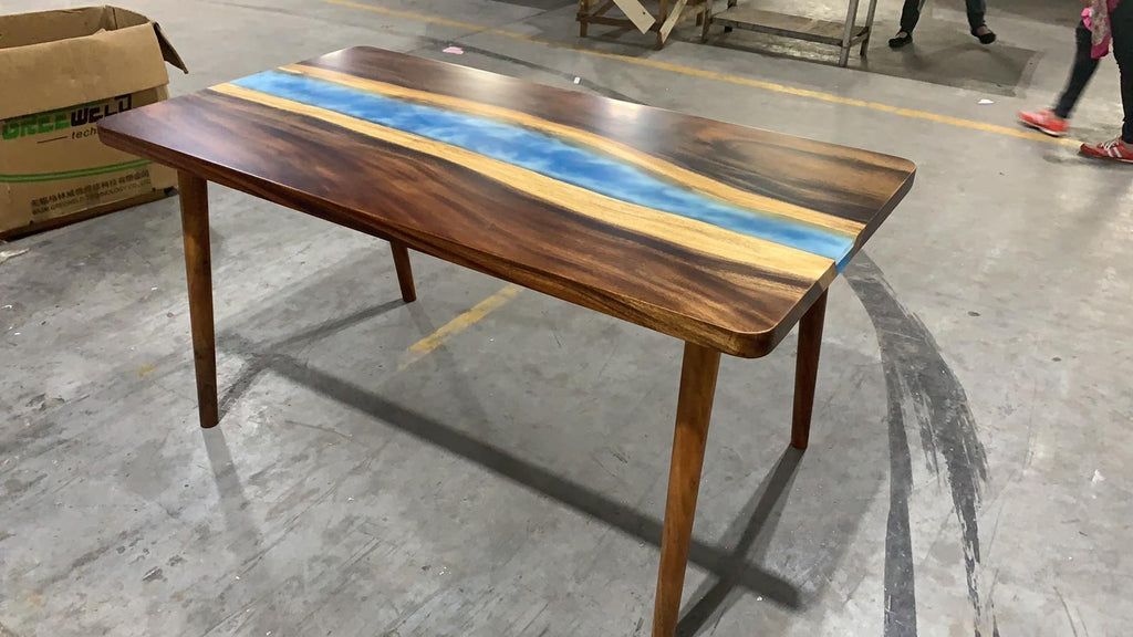 Walnut Wood Epoxy Resin Table with Ocean Waves Design