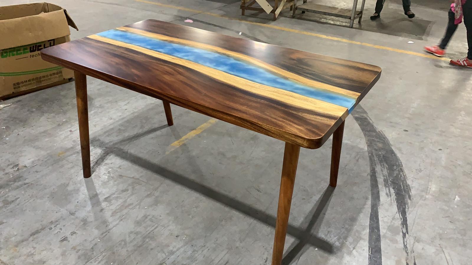 Walnut Wood Epoxy Resin Table with Ocean Waves Design