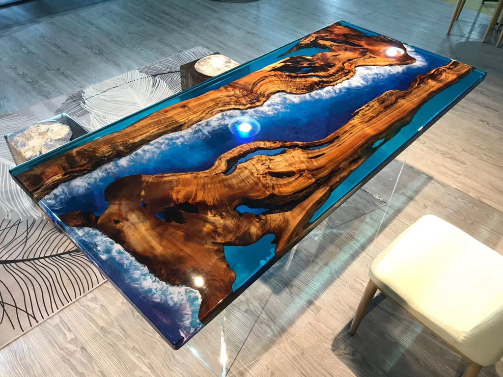Camphor Wood Epoxy Resin Table with Ocean Waves Design