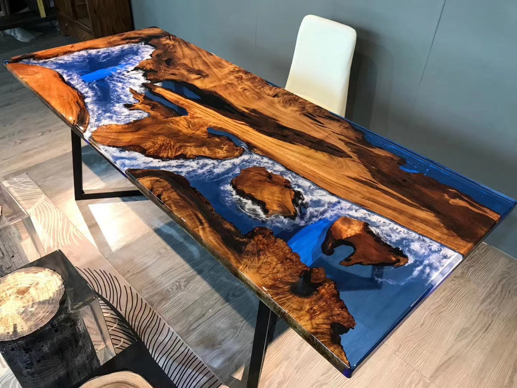 Camphor Wood Epoxy Resin Table with Ocean Waves Design