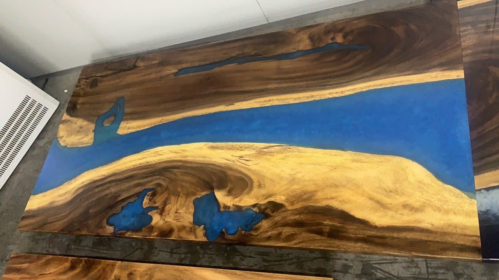 Walnut Wood Epoxy Resin Table with Murky Bright Blue Epoxy