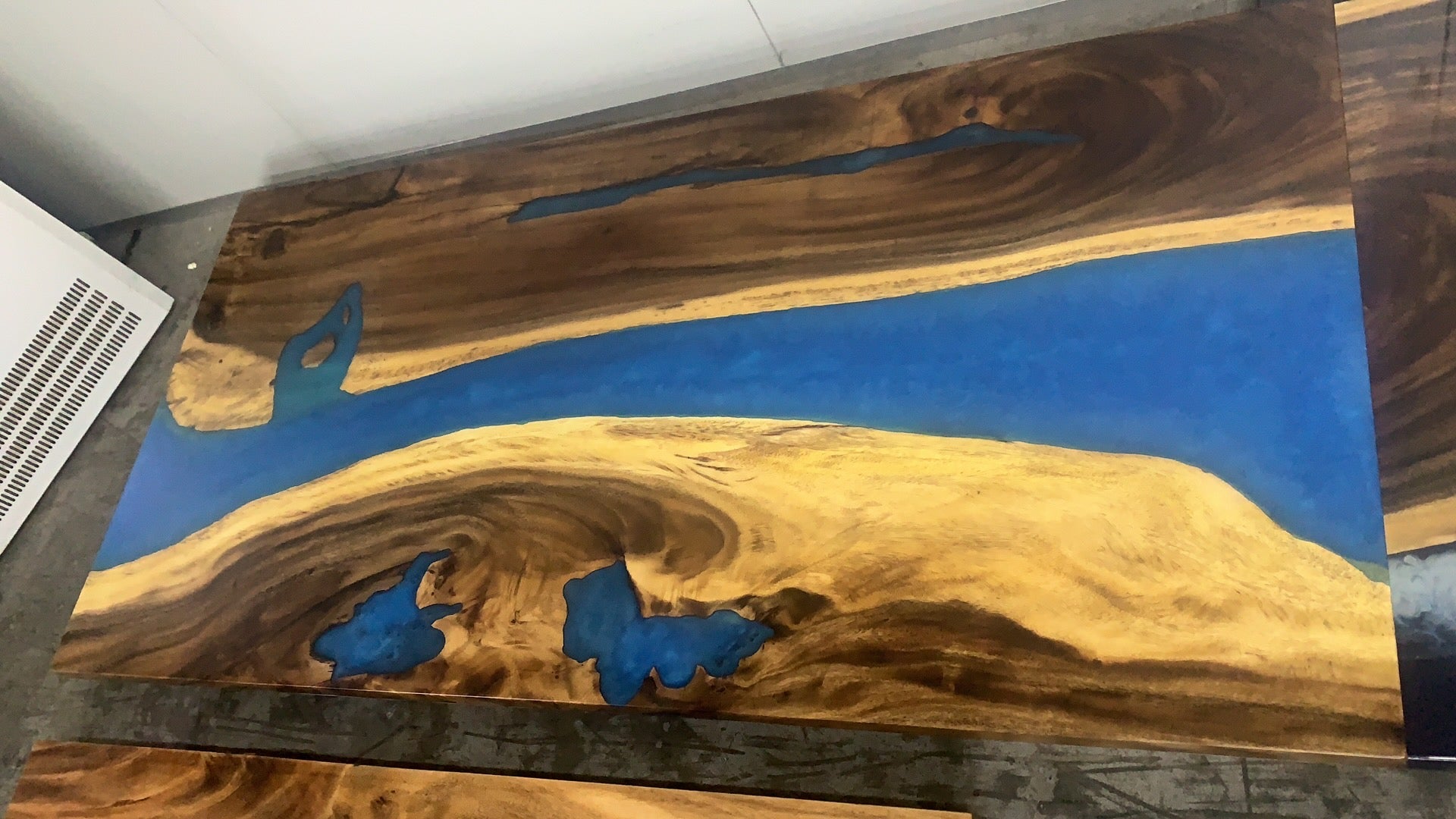 Walnut Wood Epoxy Resin Table with Murky Bright Blue Epoxy