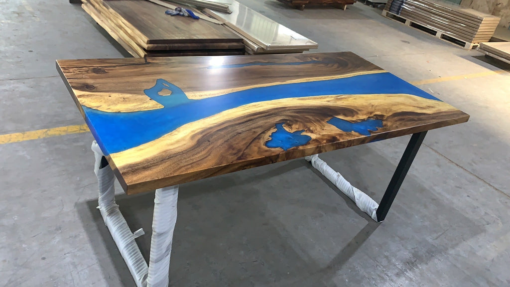 Walnut Wood Epoxy Resin Table with Murky Bright Blue Epoxy