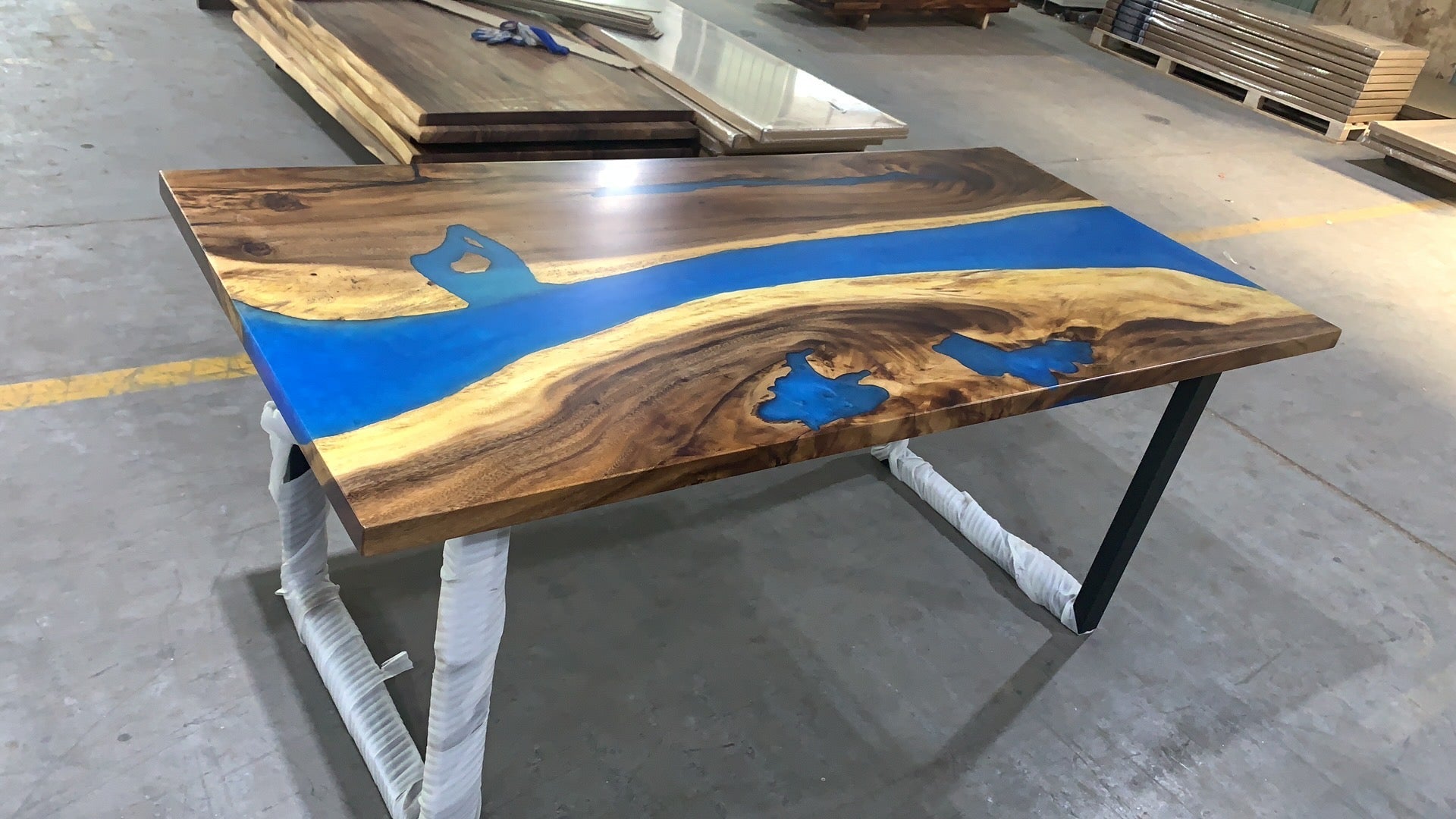 Walnut Wood Epoxy Resin Table with Murky Bright Blue Epoxy