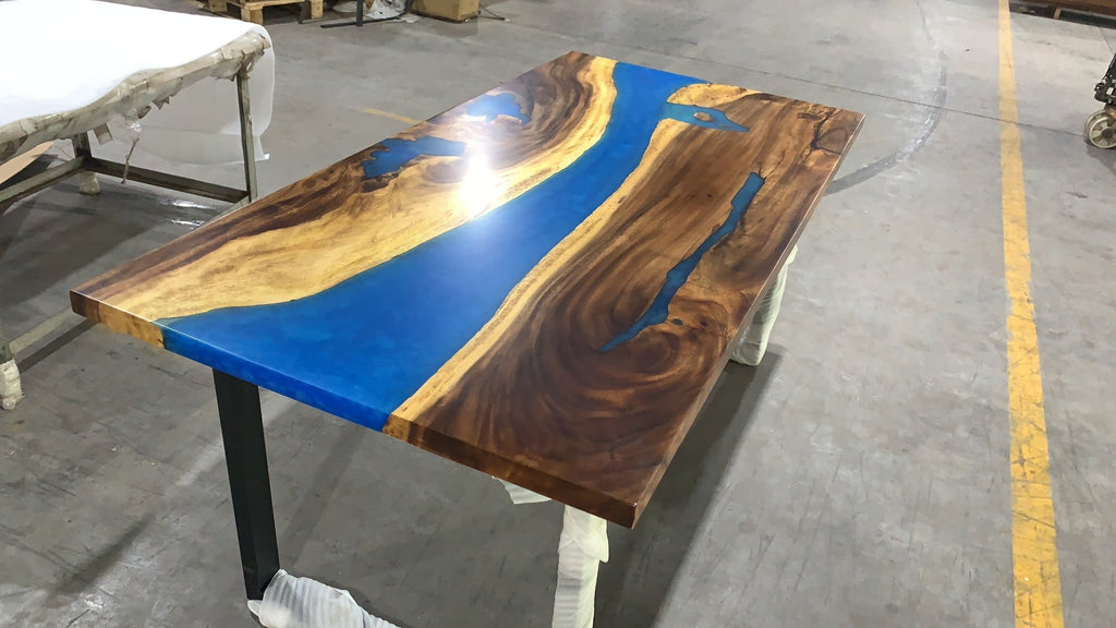 Walnut Wood Epoxy Resin Table with Murky Bright Blue Epoxy