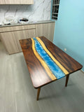Walnut Wood Epoxy Resin Table with Ocean Waves Design