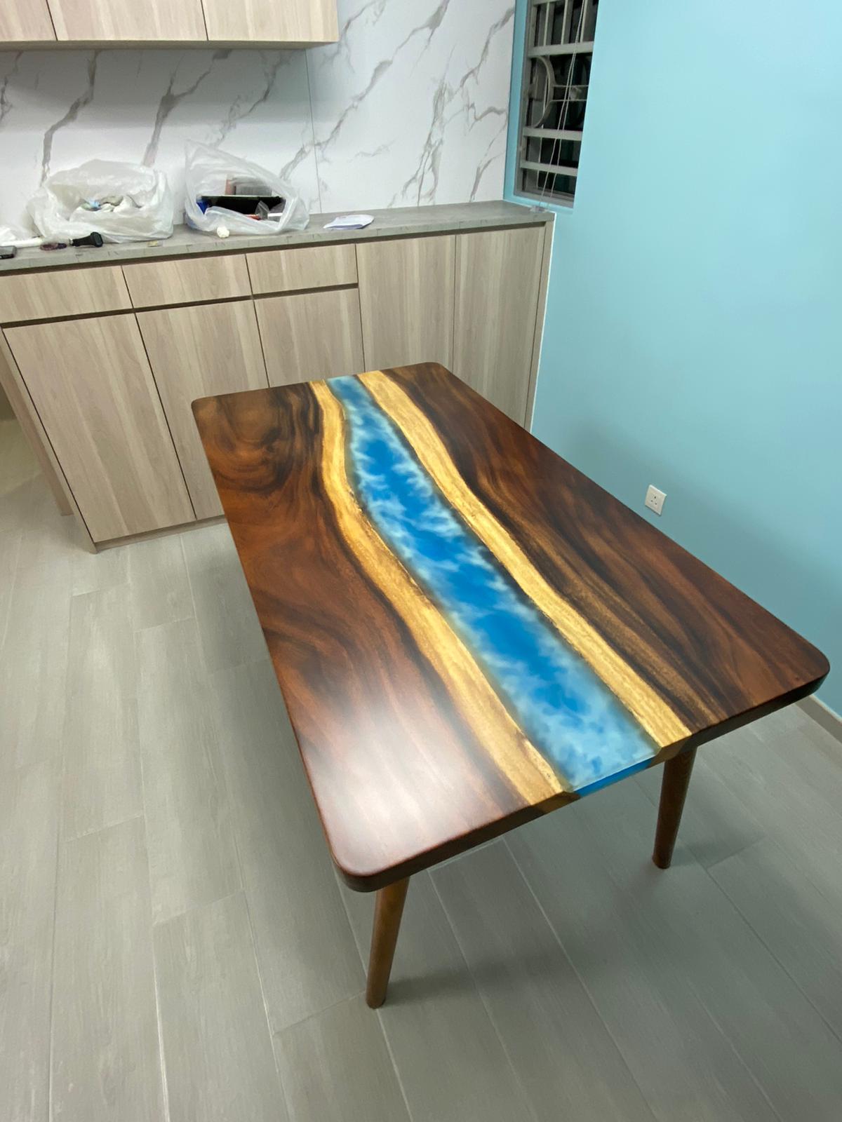 Walnut Wood Epoxy Resin Table with Ocean Waves Design